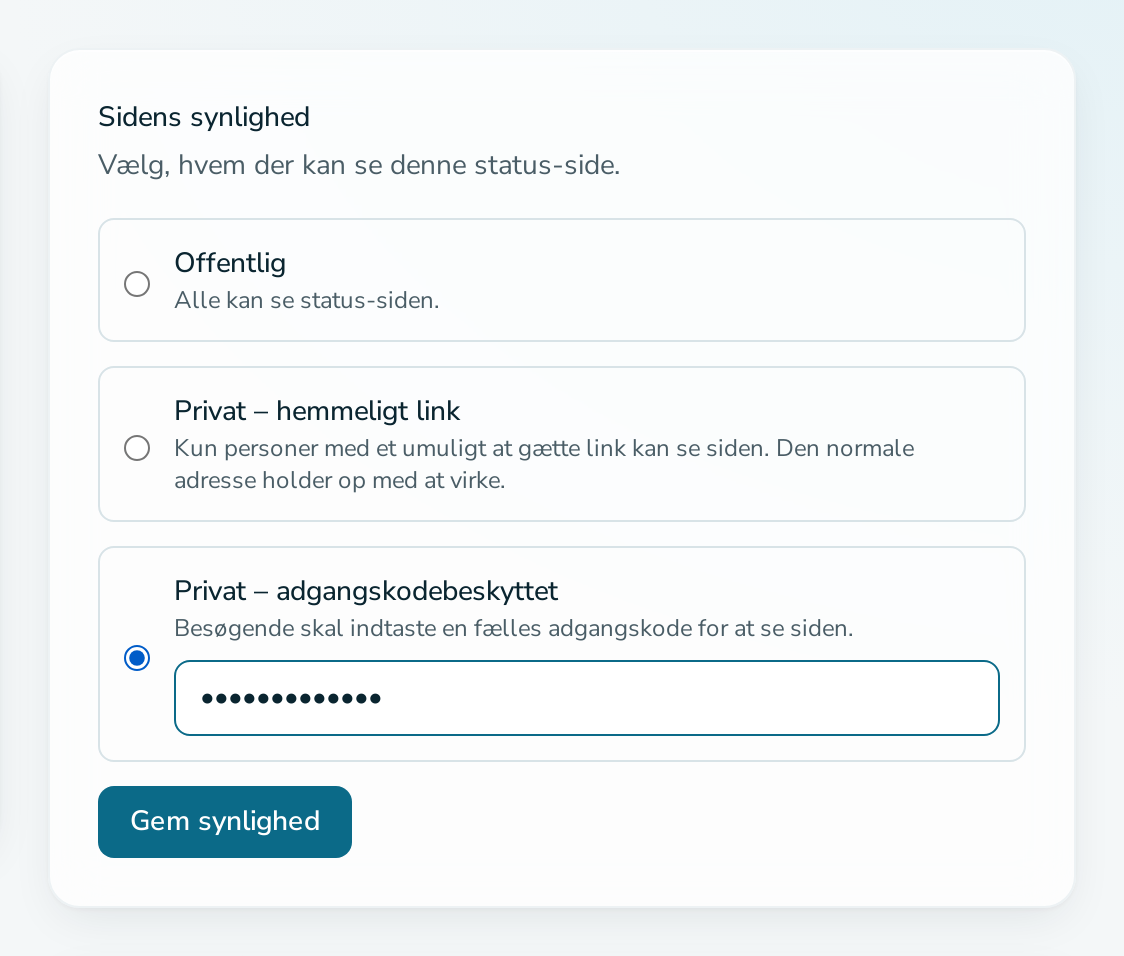 Kortet „Sidens synlighed“ med adgangskodeindstillingen valgt