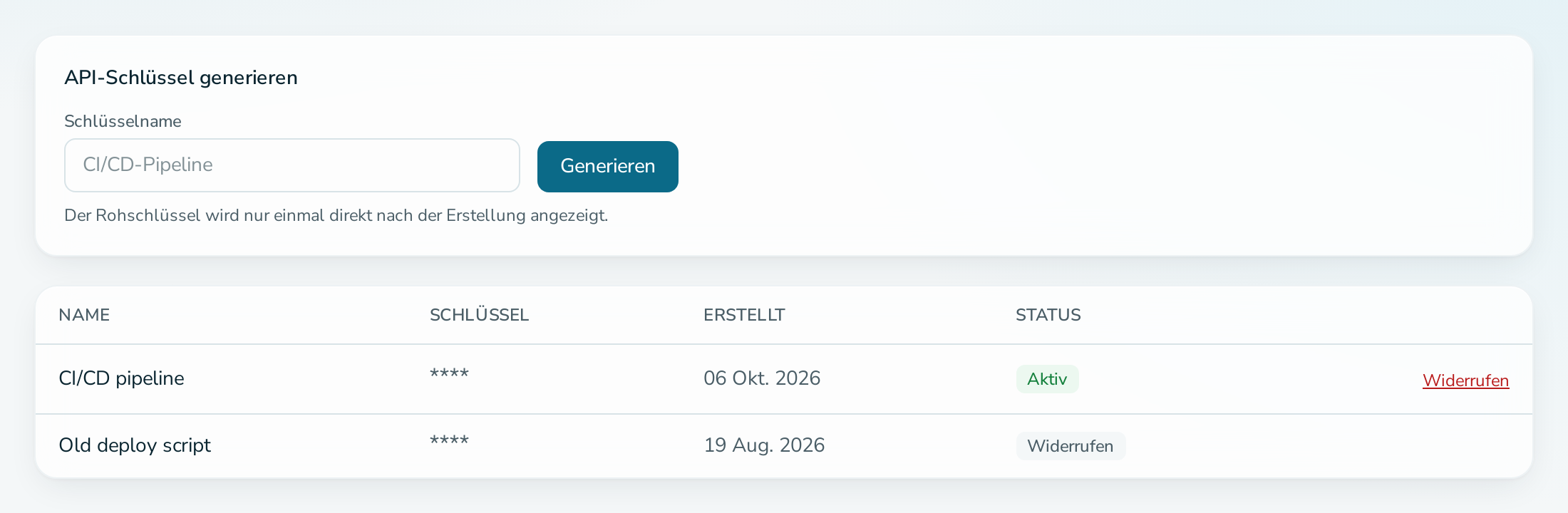 Tab „API-Schlüssel“