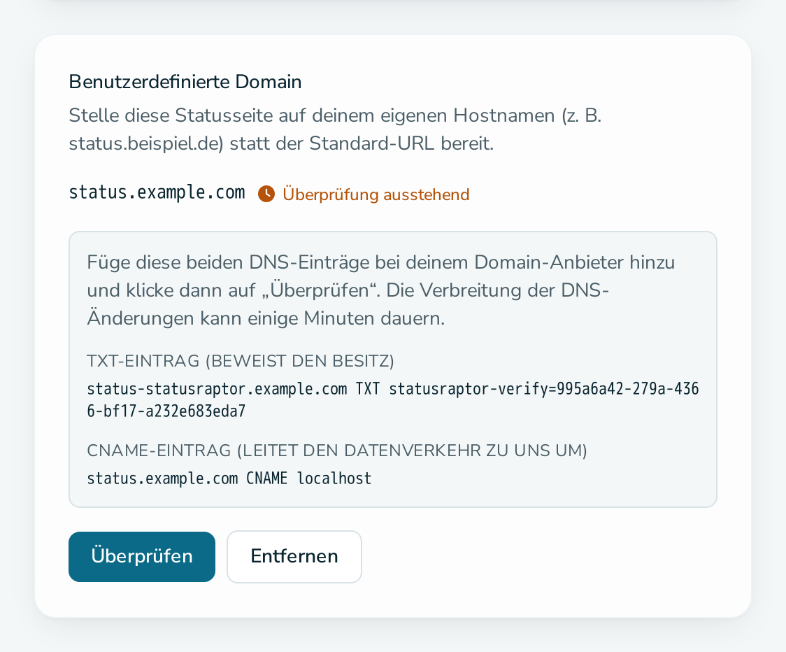 Karte „Benutzerdefinierte Domain“, die auf die DNS-Überprüfung wartet