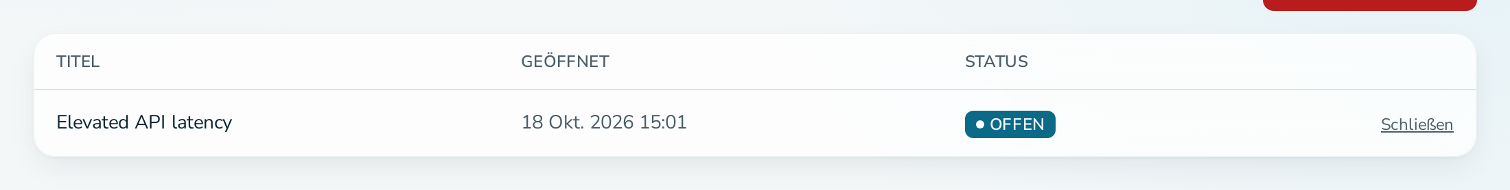 Tab „Vorfälle“ mit einem offenen Vorfall