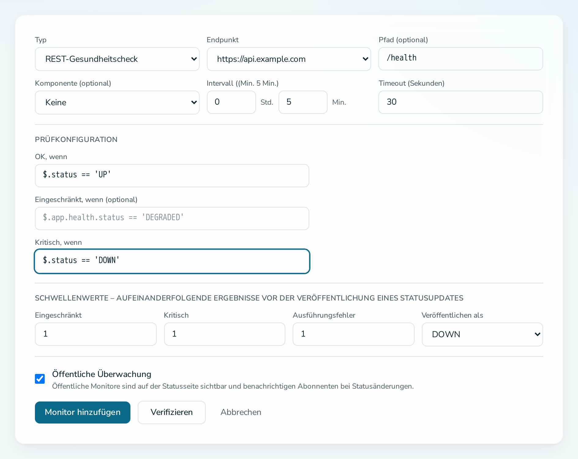 Monitor-Formular mit dem Typ „REST-Gesundheitscheck“