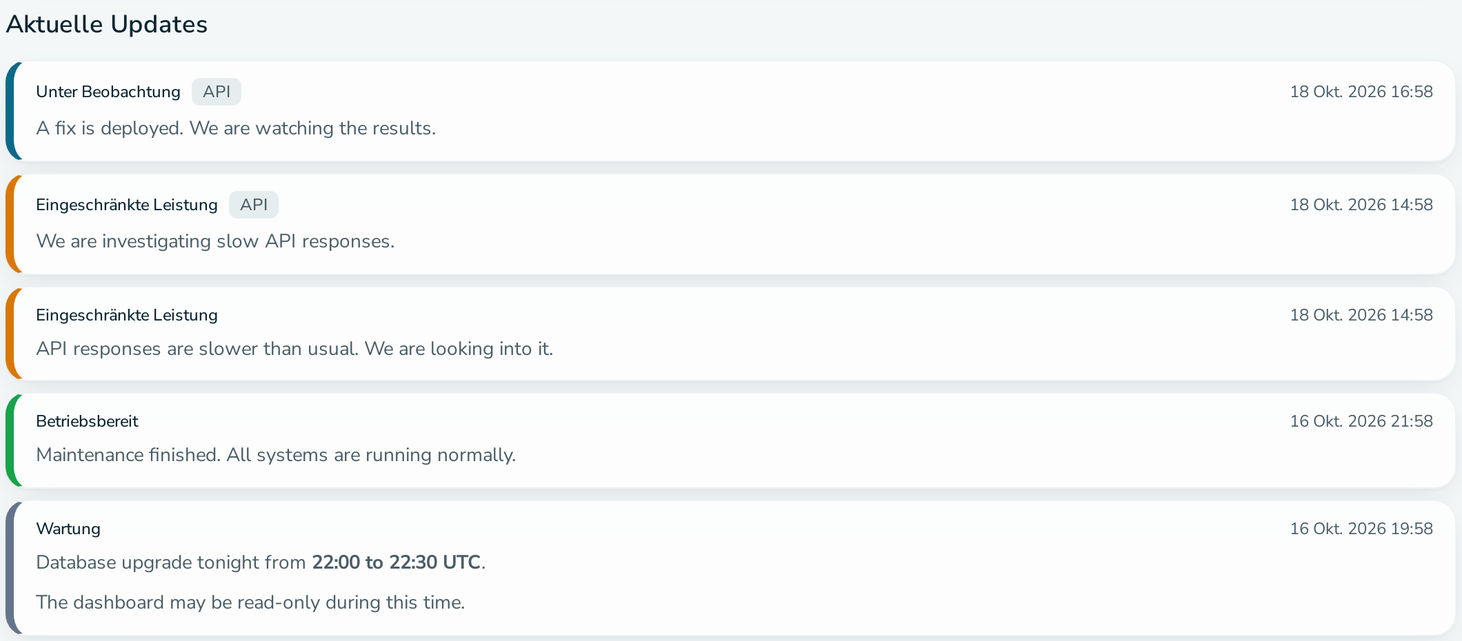 Bereich „Aktuelle Updates“ einer öffentlichen Statusseite