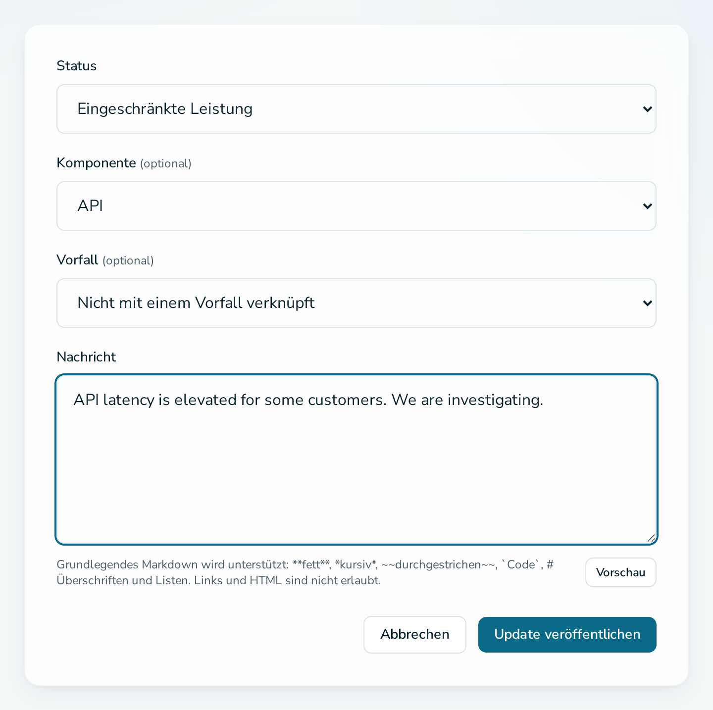 Formular „Status-Update veröffentlichen“ mit Komponente und Nachricht