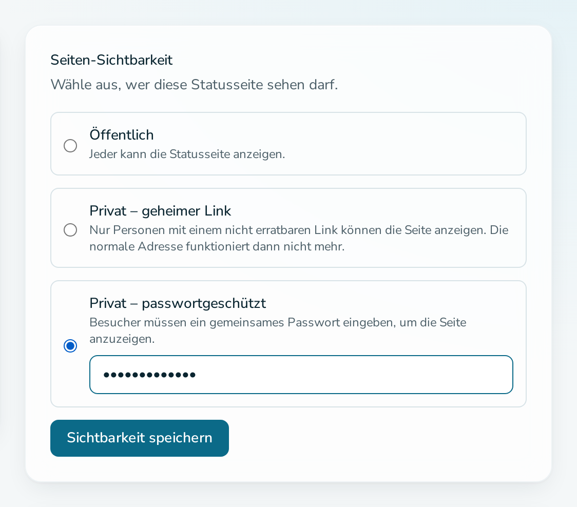 Karte „Seiten-Sichtbarkeit“ mit ausgewählter Passwort-Option