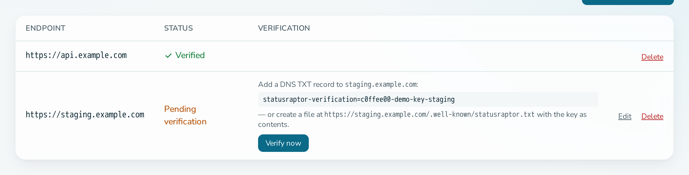 Endpoints tab with a pending endpoint