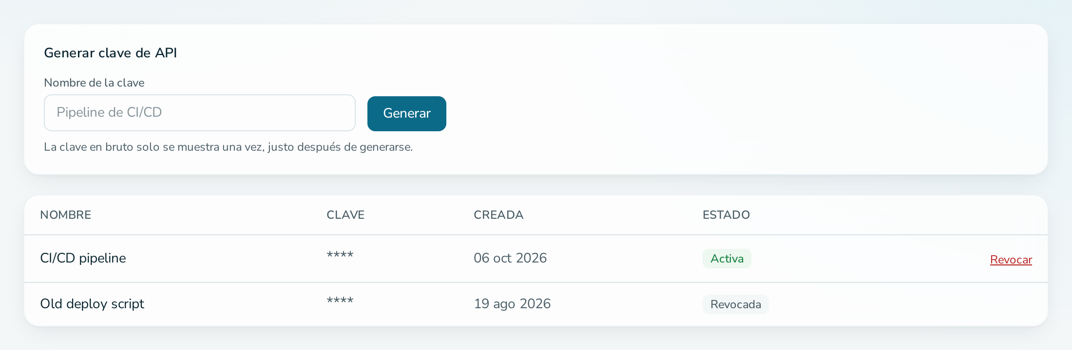Pestaña de claves de API