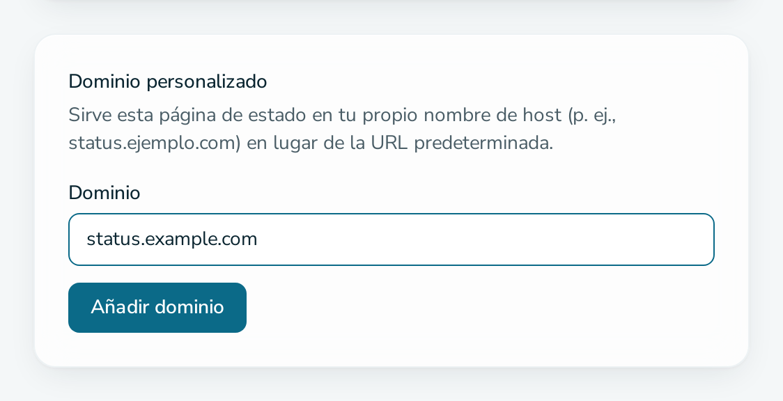 Tarjeta «Dominio personalizado» con un nombre de host introducido