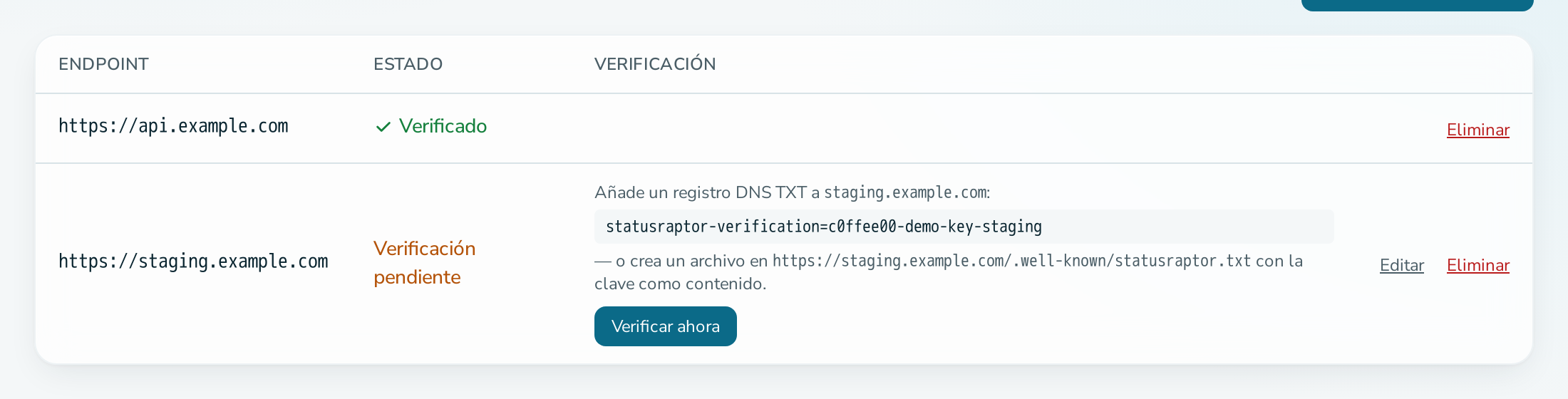 Pestaña de endpoints con un endpoint pendiente