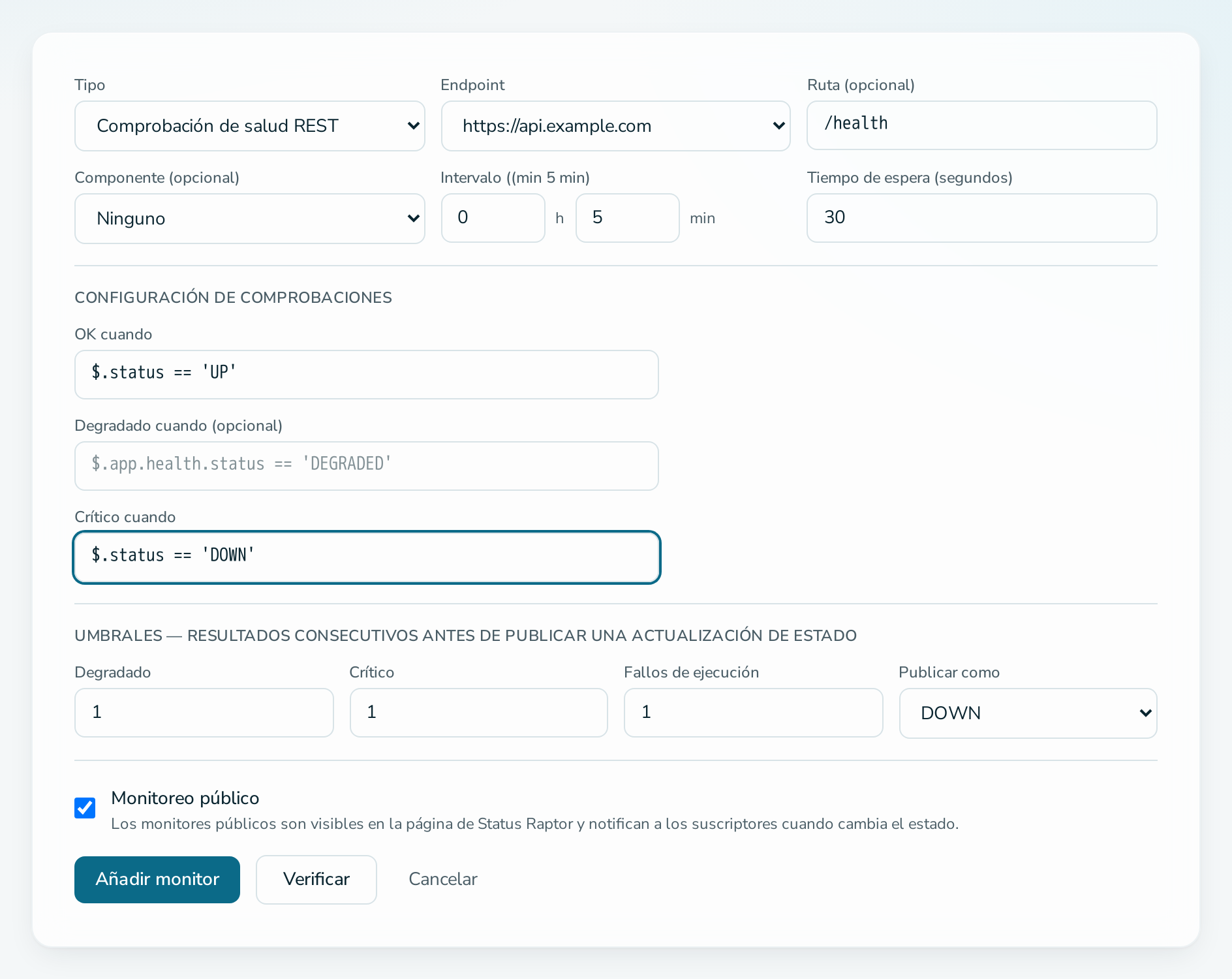 Formulario de monitor con el tipo «Comprobación de salud REST»
