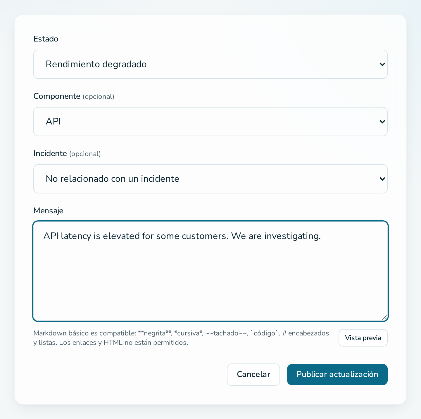 Formulario para publicar una actualización de estado con un componente y un mensaje