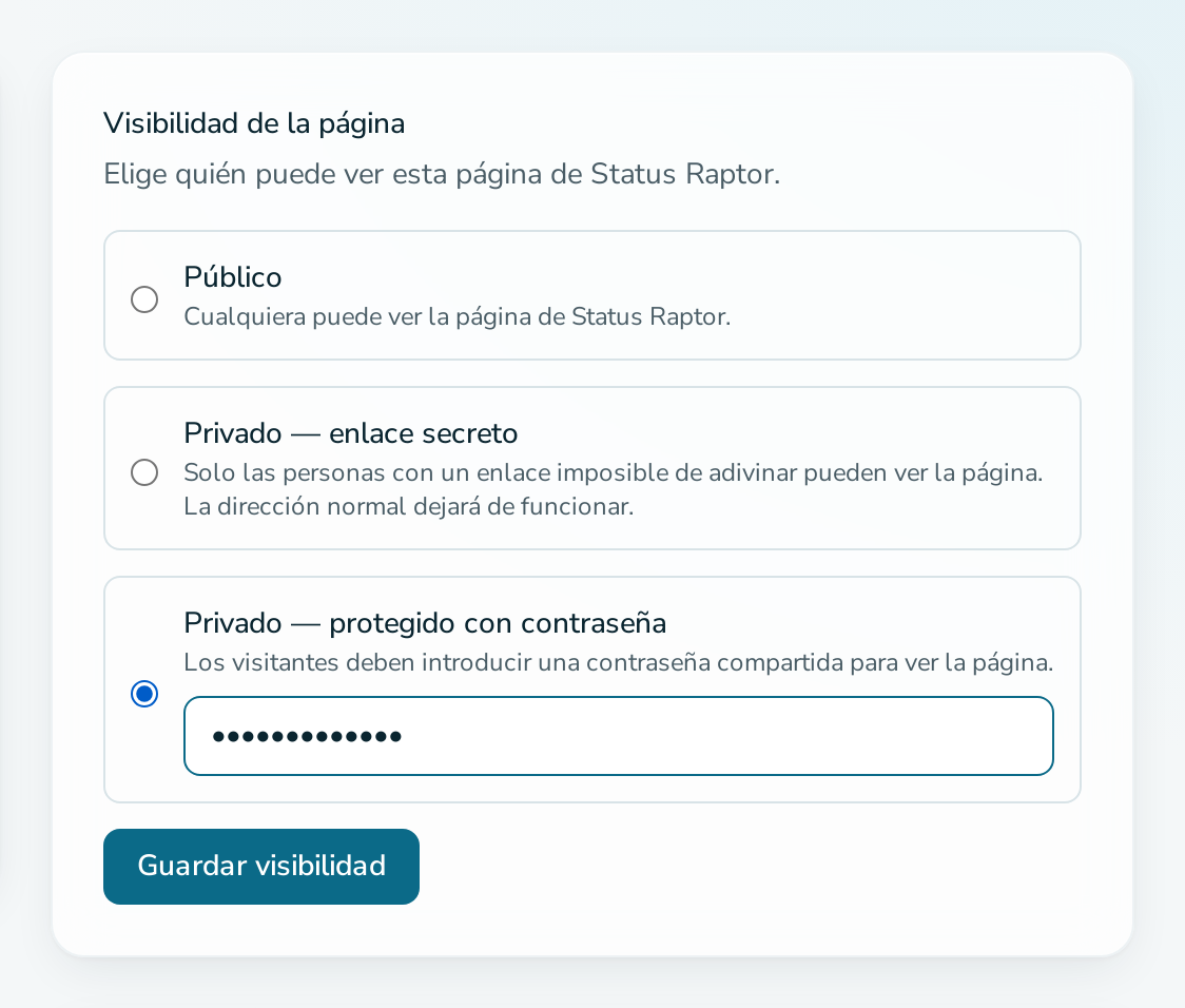 Tarjeta «Visibilidad de la página» con la opción de contraseña seleccionada