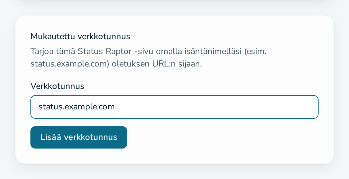 Kortti ”Mukautettu verkkotunnus”, johon on annettu isäntänimi
