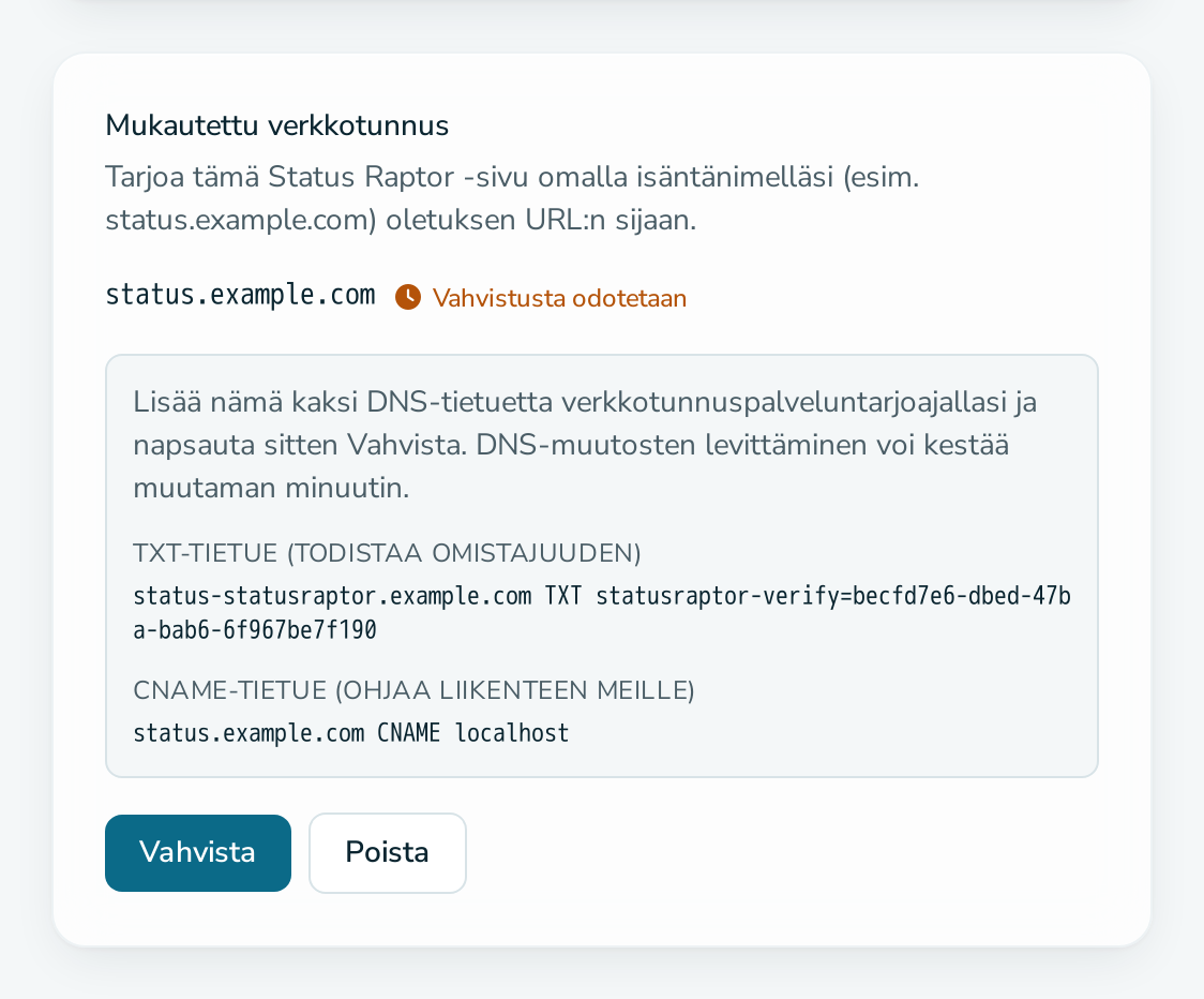 Kortti ”Mukautettu verkkotunnus”, joka odottaa DNS-vahvistusta