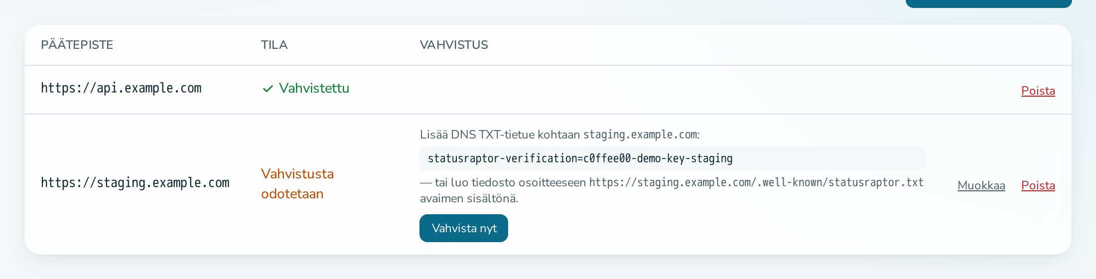 Päätepisteet-välilehti, jossa on yksi odottava päätepiste