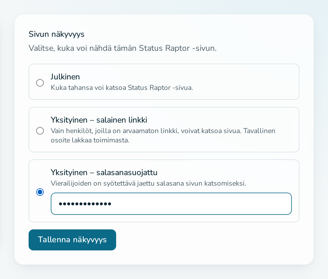 Kortti ”Sivun näkyvyys”, jossa salasanavaihtoehto on valittuna