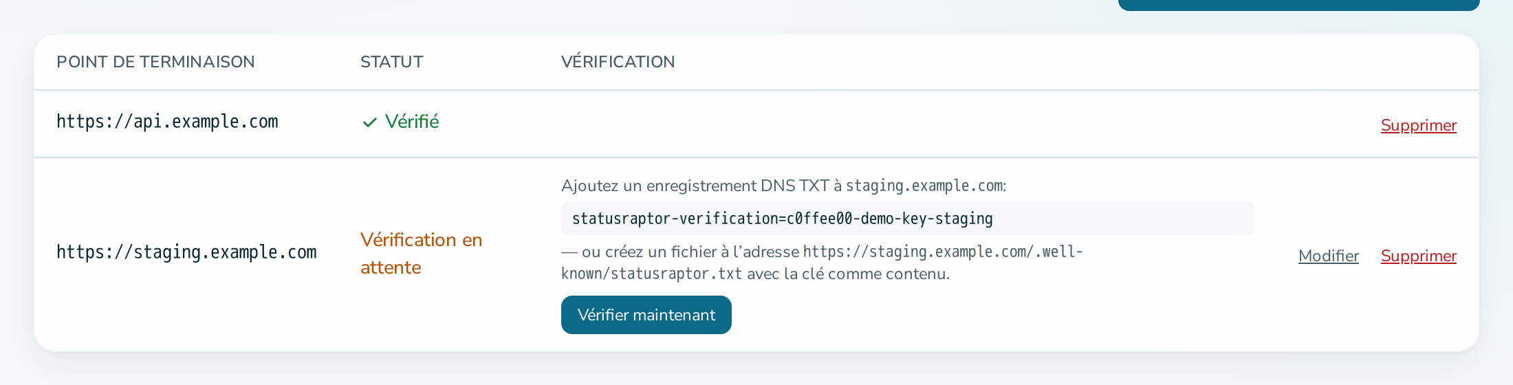 Onglet des points de terminaison avec un point en attente