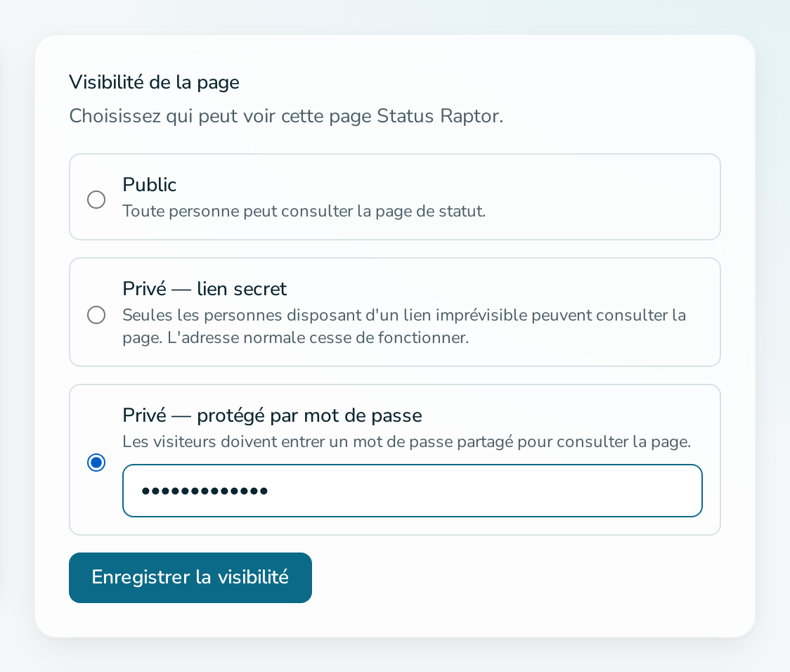 Carte « Visibilité de la page » avec l’option mot de passe sélectionnée