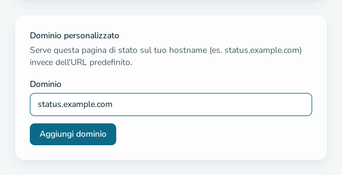 Scheda «Dominio personalizzato» con un nome host inserito