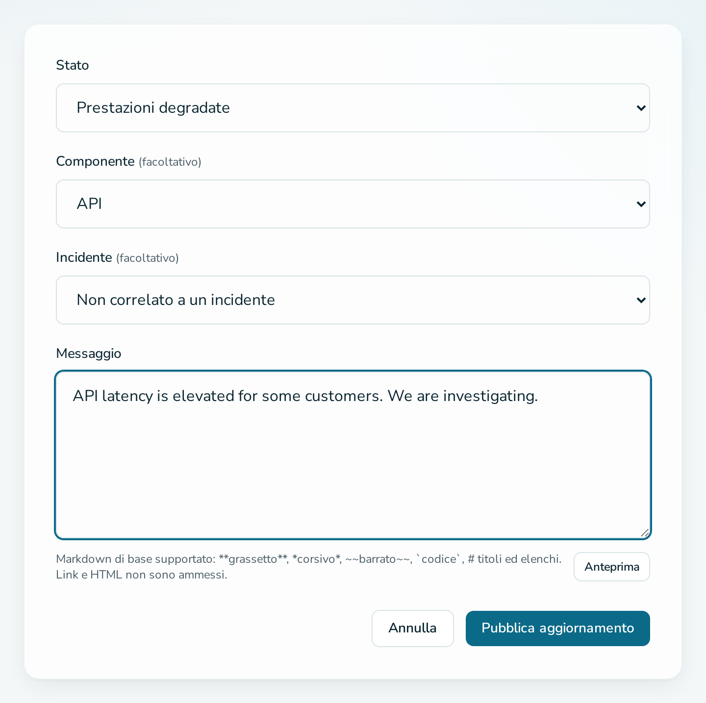 Modulo per pubblicare un aggiornamento di stato con un componente e un messaggio