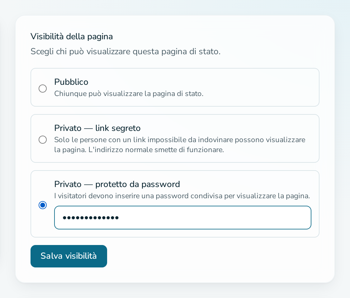 Scheda «Visibilità della pagina» con l’opzione password selezionata