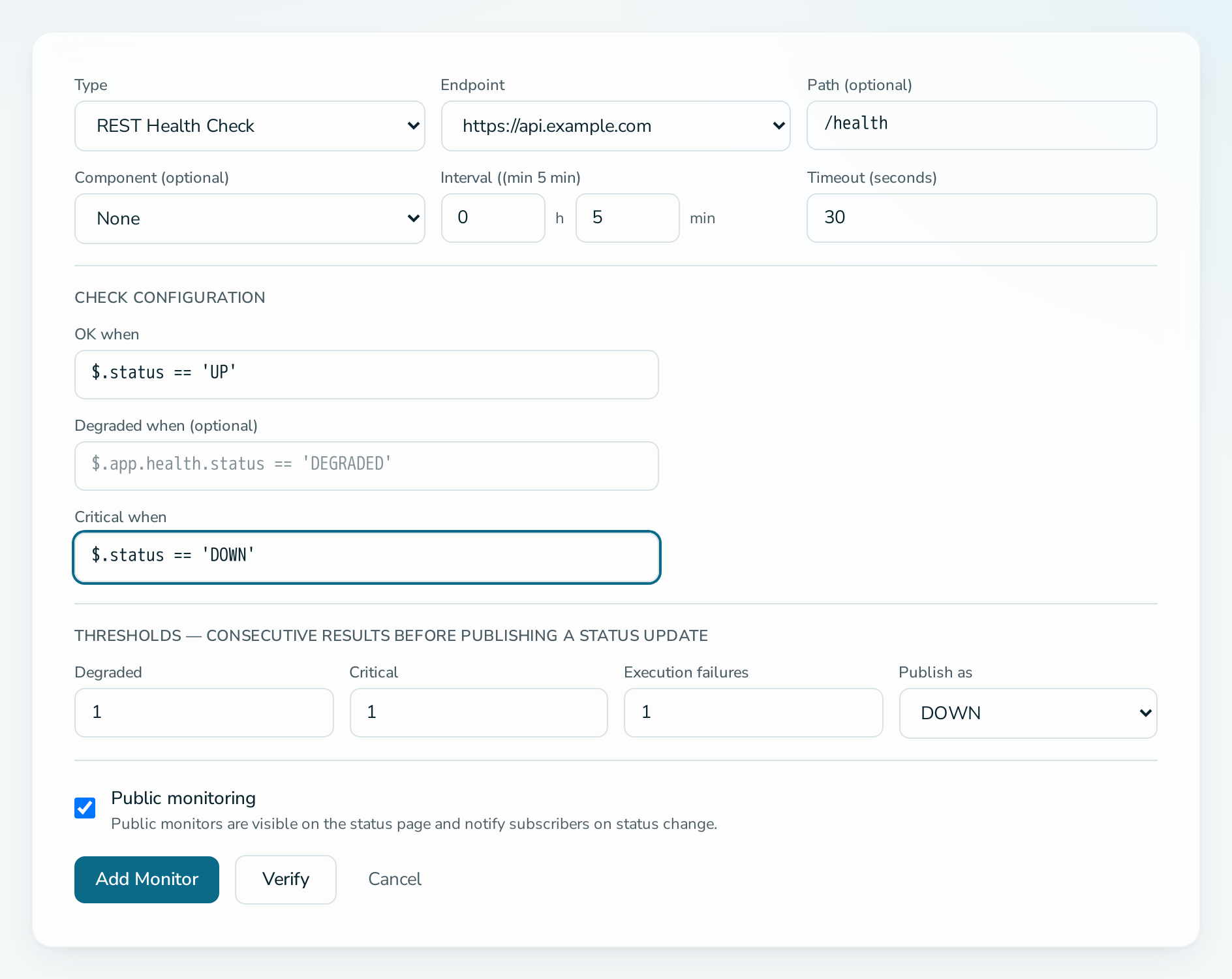Monitor form with the REST Health Check type
