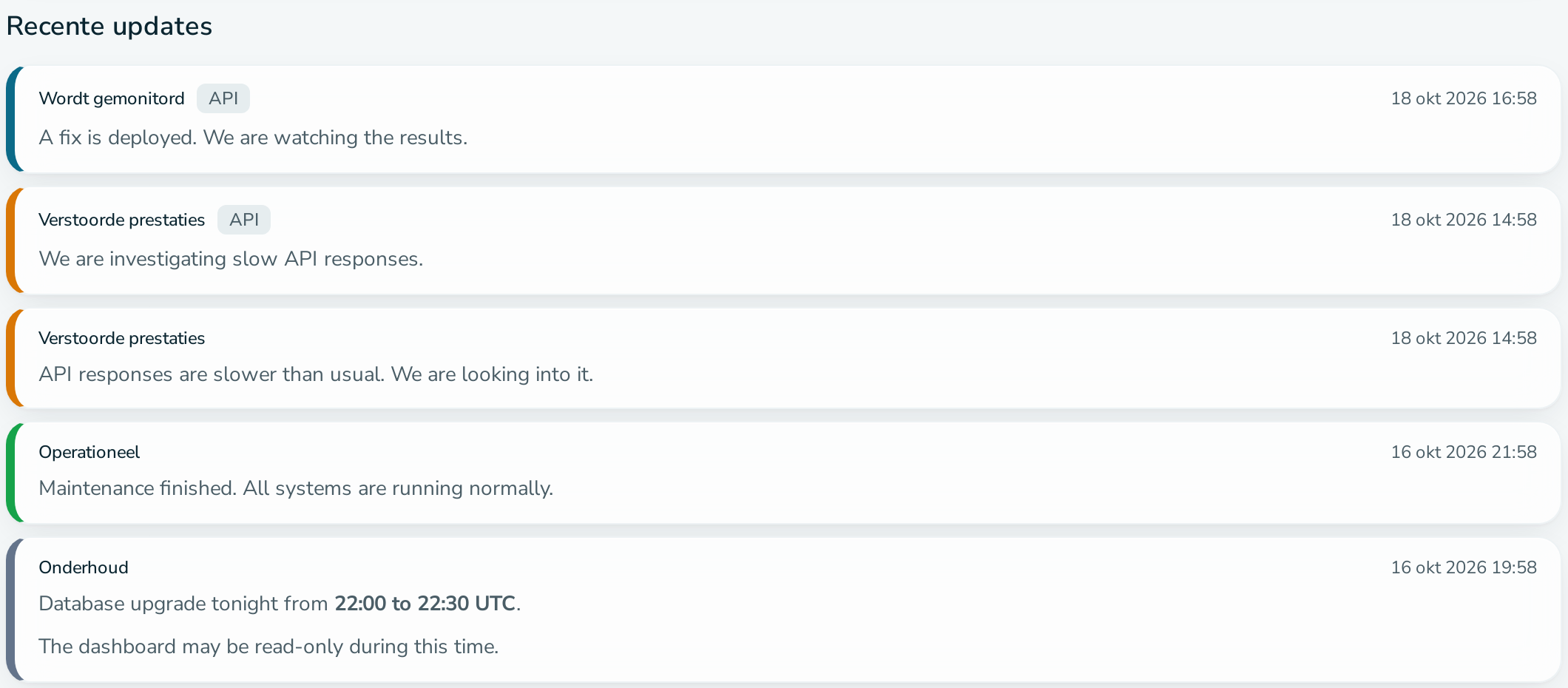 Onderdeel „Recente updates“ van een openbare statuspagina