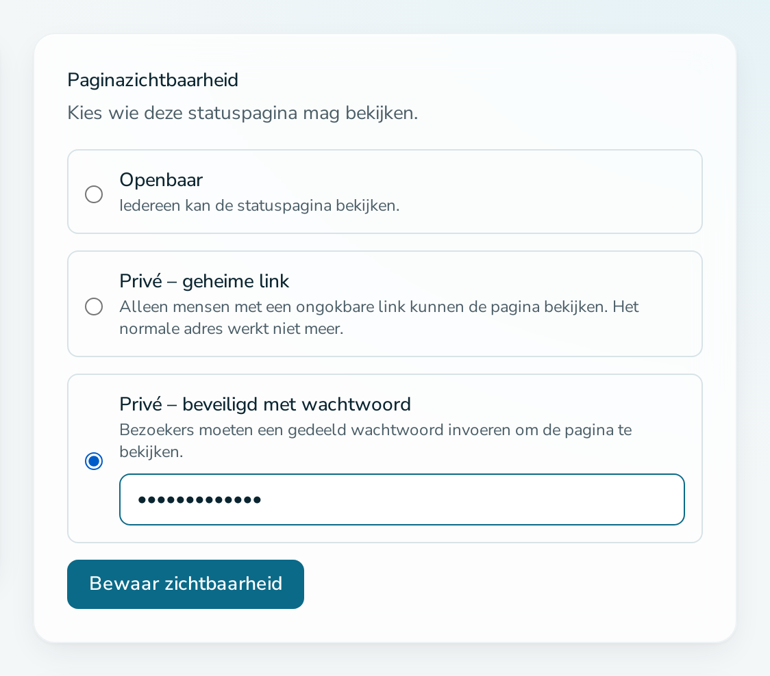 Kaart „Paginazichtbaarheid“ met de wachtwoordoptie geselecteerd