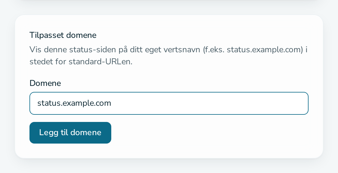 Kortet «Tilpasset domene» med et innskrevet vertsnavn