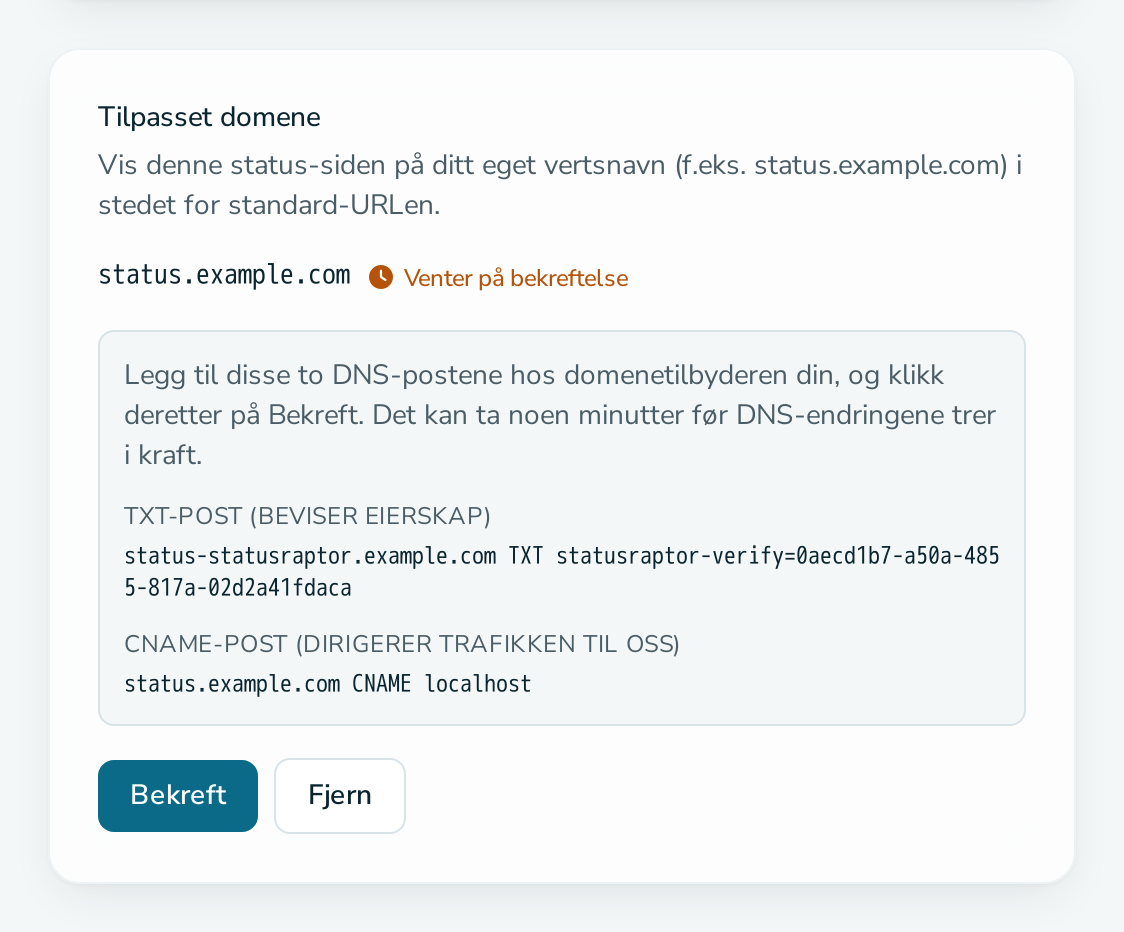 Kortet «Tilpasset domene» som venter på DNS-bekreftelse