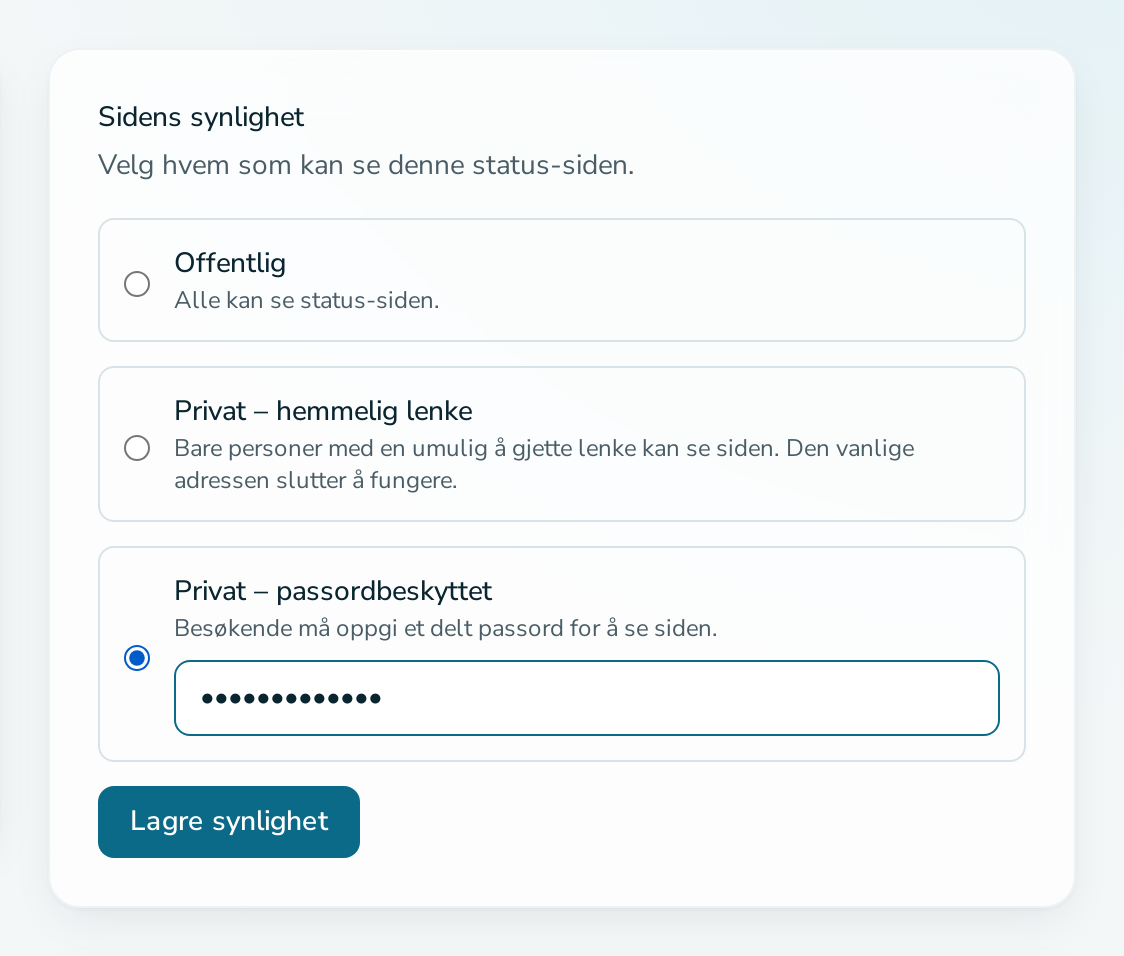 Kortet «Sidens synlighet» med passordalternativet valgt