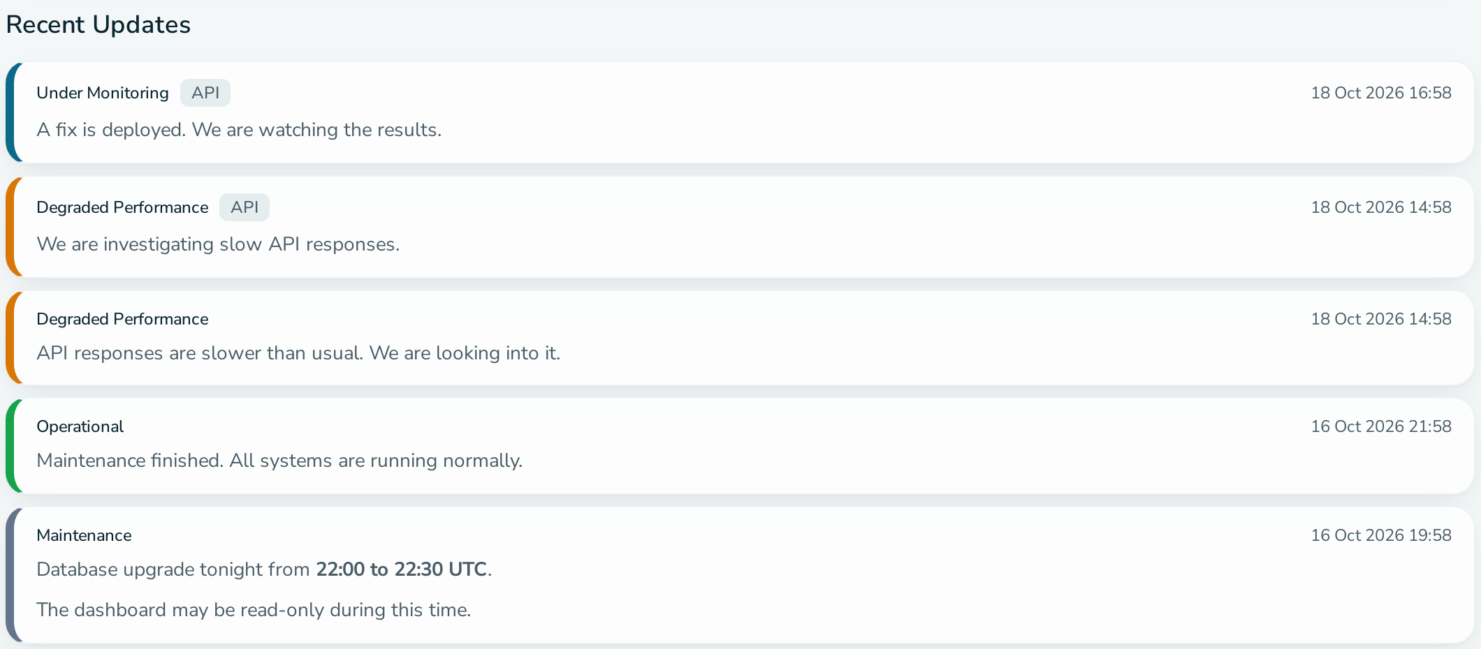 Recent Updates section of a public status page