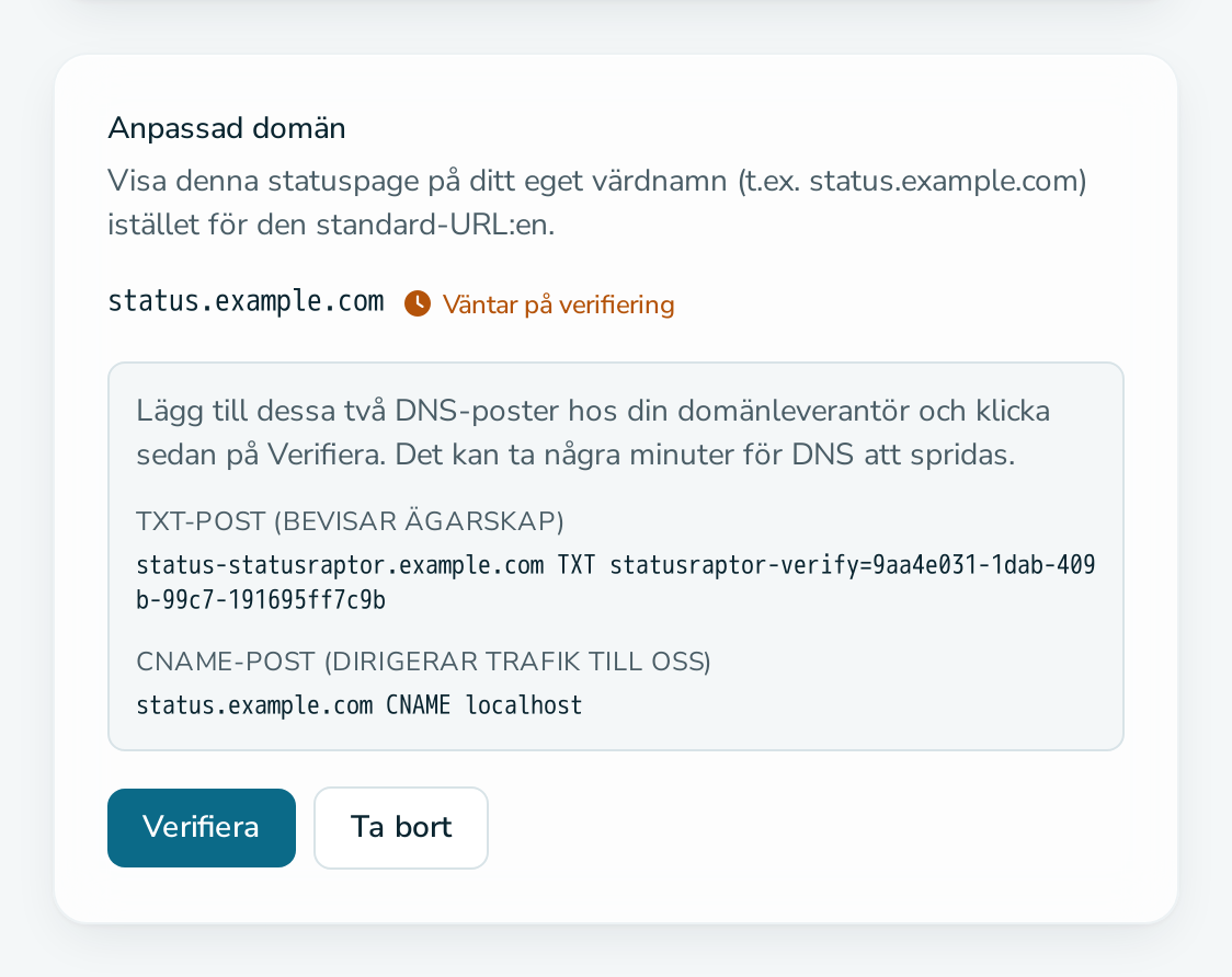 Kortet ”Anpassad domän” som väntar på DNS-verifiering