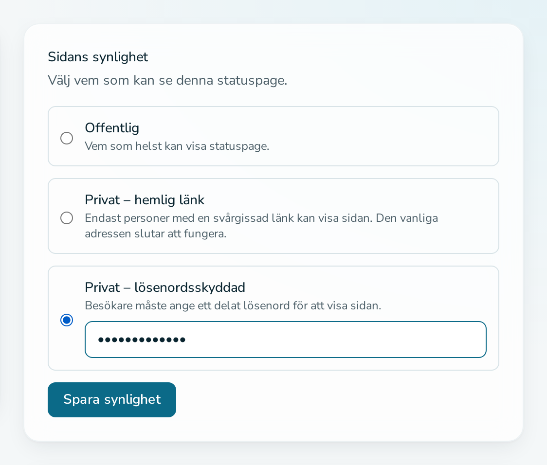 Kortet ”Sidans synlighet” med lösenordsalternativet valt