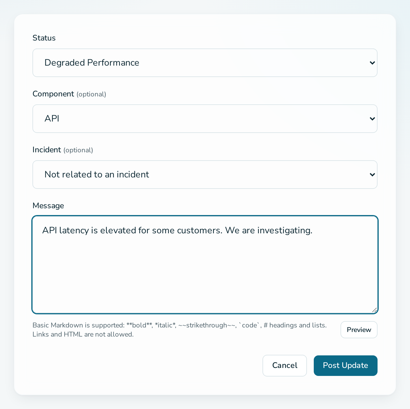 Post a Status Update form with a component and message filled in