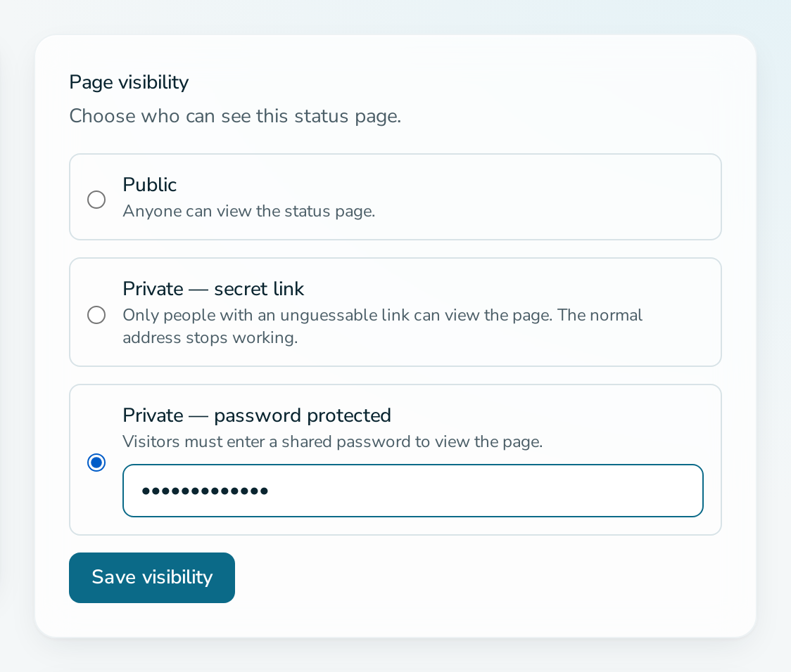 Page visibility card with the password option selected
